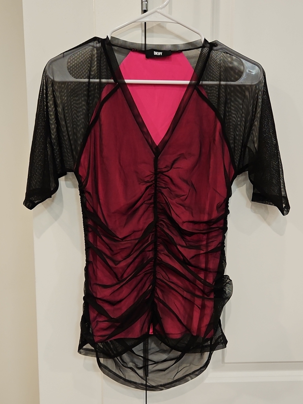 DKNY Black Mesh Ruched Overlay Top with Magenta Lining